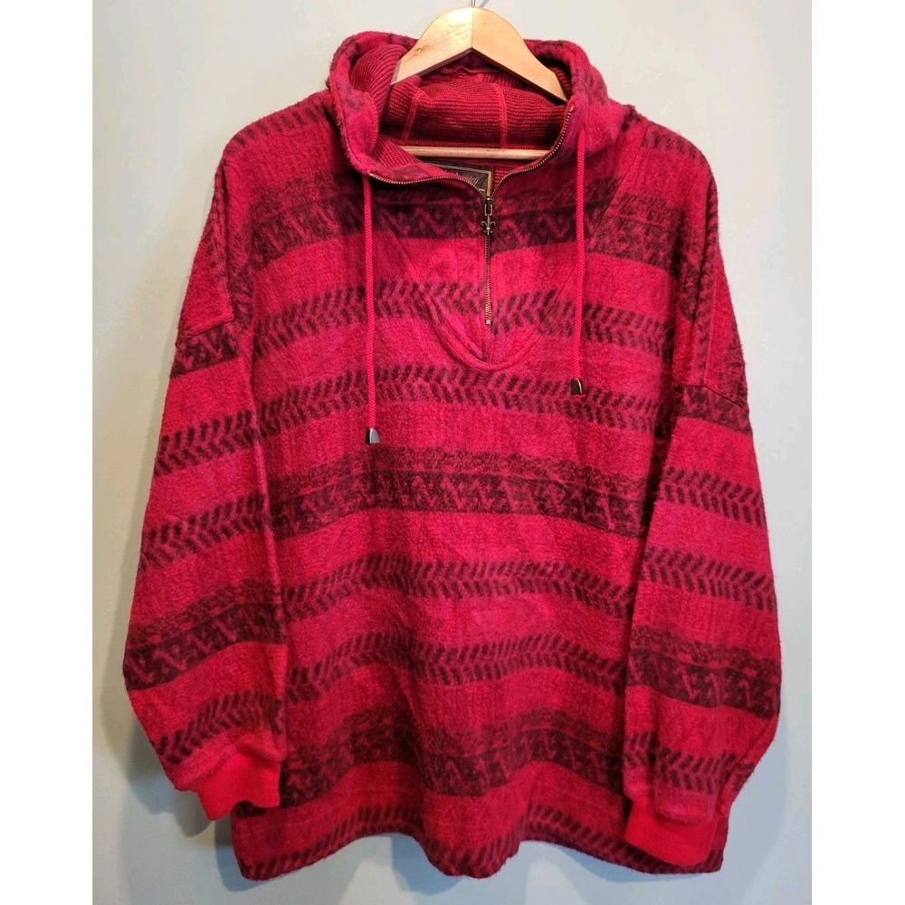 Express French Country Fleece 1/4 Zip Oversized Hooded Top Red Sz L
